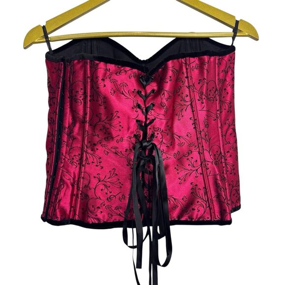 Shirley Satin Velvet Floral Lace Up Corset Top Size 34 Black Red Goth Vamp Y2K - Picture 3 of 8